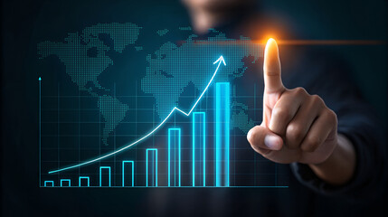Businessman points to upward trending financial graph with digital world map background