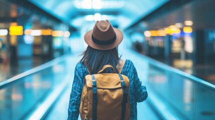 A woman in a blue shirt and brown hat walking on a blue and white tiled floor in an airport terminal.