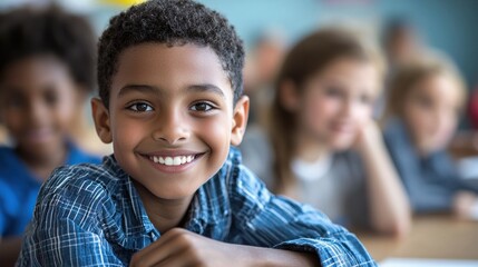 A young boy with short hair smiling in a classroom.
