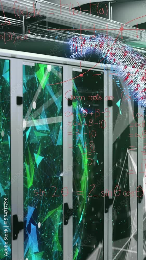 Poster animation of globe with mathematical equations over connected dots on data server racks