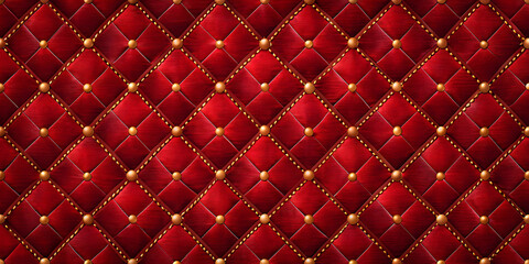Red Quilted Fabric with Gold Diamond Stitching and Decorative Buttons"