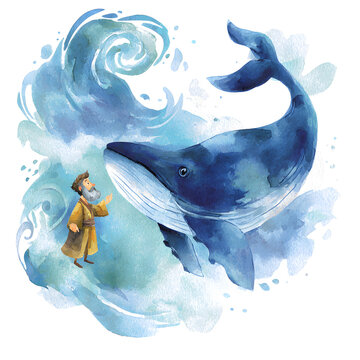 Jonah and the Whale Watercolor Illustration - Biblical Story, Sea Creature, Ocean Waves, Religious Art, Bible Character