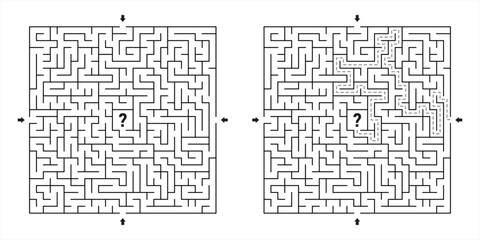 Square maze puzzle with four entrance options and solution path to center, black and white vector illustration for brain training and educational games