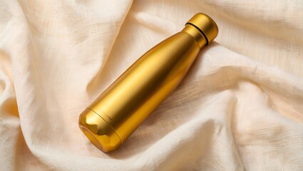 Luxury Gold Water Bottle on Beige Fabric: Elegant, Minimalist Product Photography