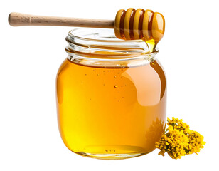  Realistic Honey Jar with Dipper, Front View with Dripping Honey, Transparent PNG