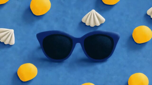 Blue sunglasses and yellow fruits with white shell on blue background, a summer composition