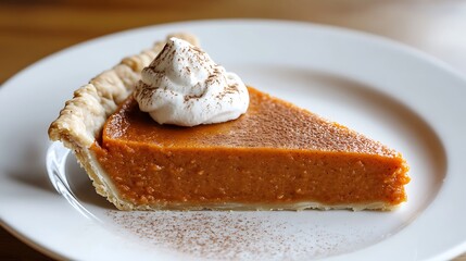 Slice of Pumpkin Pie Topped with Whipped Cream on a White Plate