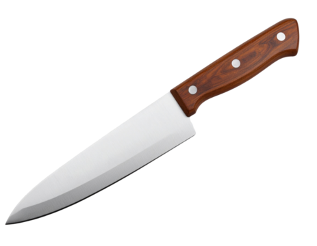 Chef’s Knife with Wooden Handle, Side View with Sharp Edge, Transparent PNG