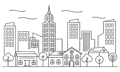 Obraz premium Cityscape line art illustration.City line view illustration with a variety of building shapes.Vector illustration eps 10