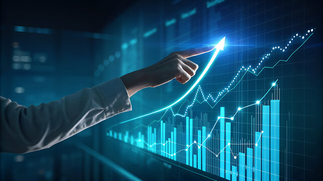 Hand pointing to upward trending financial graph with glowing blue data visualization
