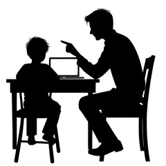 Black and White Vector Silhouette of a Man Teaching Boy via Laptop