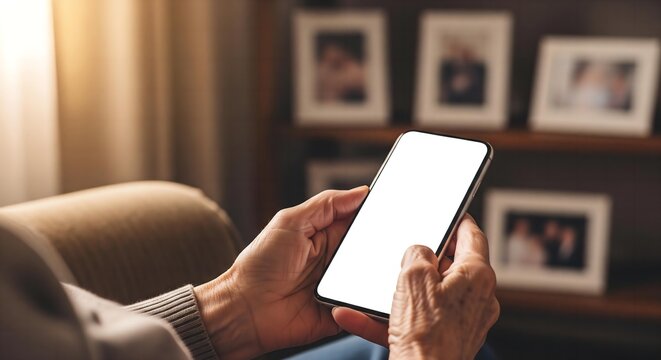 A heartwarming photorealistic mockup showing the wrinkled hands of an elderly person holding a modern smartphone with a blank screen.