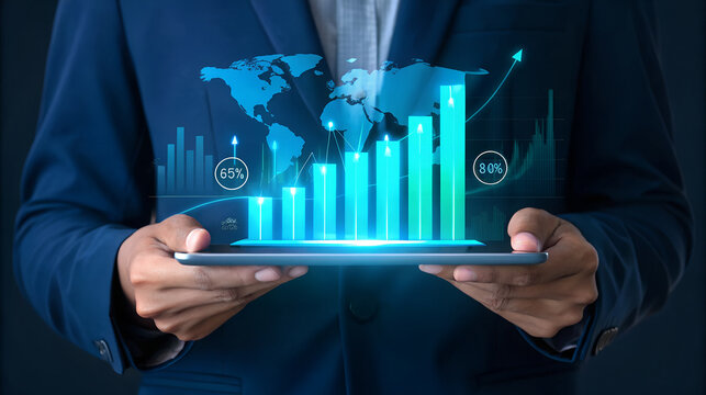 Businessman holding tablet displaying glowing blue financial growth chart with world map