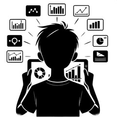 Black and White Vector Silhouette of a Boy Holding a Tablet with Graph Icons