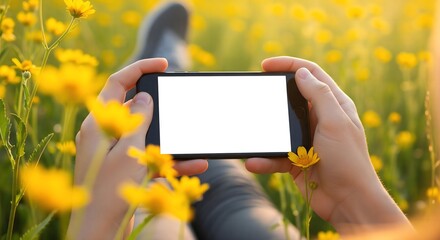 A photorealistic mockup of a person holding a smartphone with a blank screen while lying in a field of beautiful, yellow wildflowers.