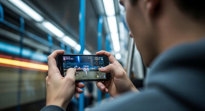 An over-the-shoulder shot of a young man playing a game on his smartphone on a subway, with the blurred lights of the train creating a dynamic background.