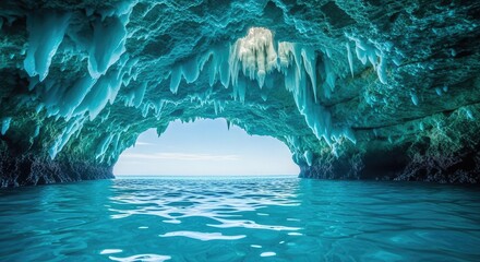 Illuminated sea cave with turquoise water and stalactites