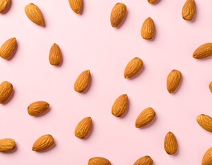 Shelled almonds arranged uniformly on a soft pastel pink background for a bright and clean presentation