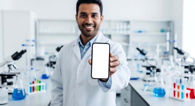 A professional and beautiful mockup of a scientist in a lab coat holding a smartphone with a blank screen in a modern laboratory.