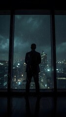 Fototapeta premium Man in suit looking at rainy city skyline at night office window stock photo image