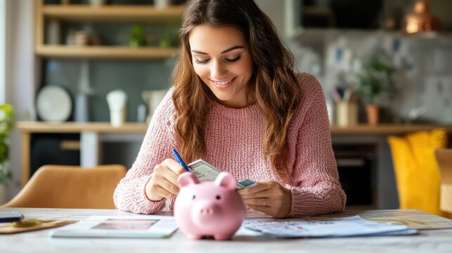 A young woman in a pink sweater, sitting at a table with a pink piggy bank, counting money and smiling.