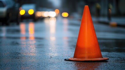 An orange traffic cone on a wet road with blurred cars in the background.
