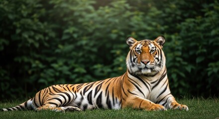 Obraz premium Tiger rests calmly against a lush green backdrop