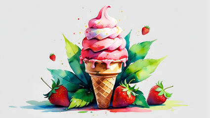 Delicious Three-Dimensional Ice Cream Splash with Waffle Cone, Creamy strawberry  Swirl, and Melting Chocolate – Refreshing Summer Dessert Concept

