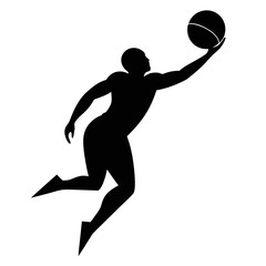Silhouette of a basketball player in mid shot action isolated on white background