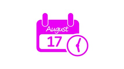 August 17 month calendar with time symbol icon animation.