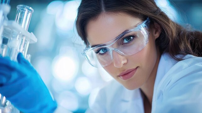A woman in a lab coat and protective glasses, examining a test tube in a laboratory setting. - Powered by Adobe