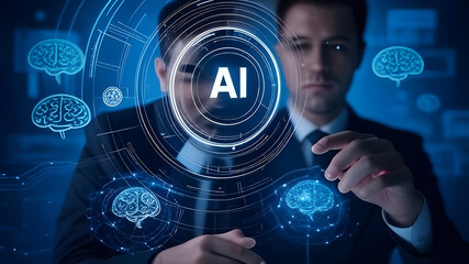 businessman pressing virtual button