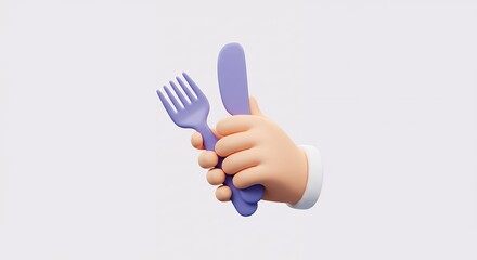 Cartoon hand holding purple fork and knife