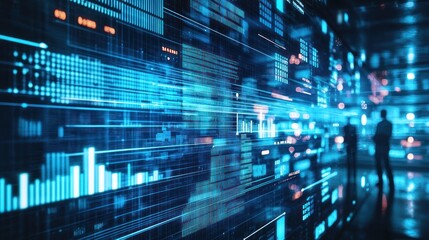 A digital, futuristic cityscape with glowing blue lights and data screens.