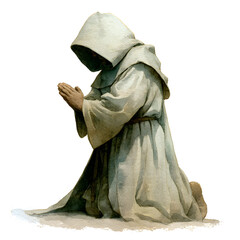 Naklejka premium Watercolor Monk in Prayer: Religious Figure Illustration, Medieval Era, Spirituality, Faith, Kneeling, Hooded Robe, Isolated on White, Artistic