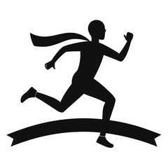 Silhouette of a determined runner crossing the finish line isolated on white background