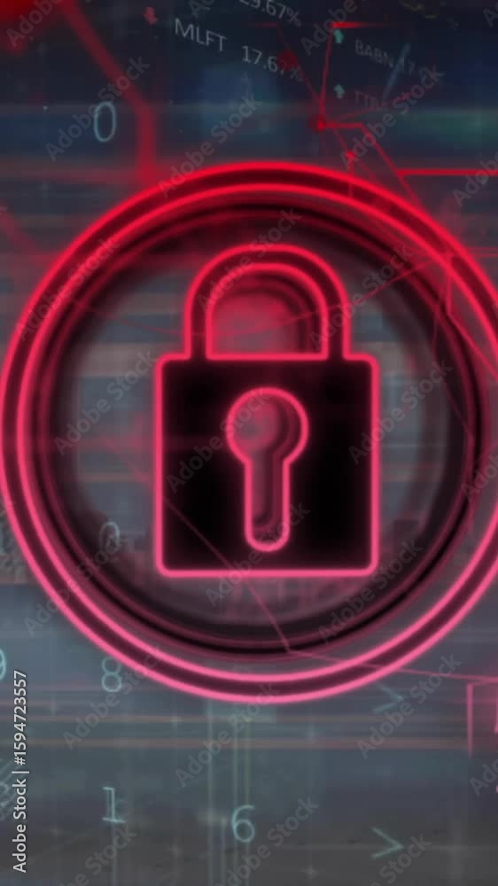 Poster animation of padlock icon and data processing over dark background