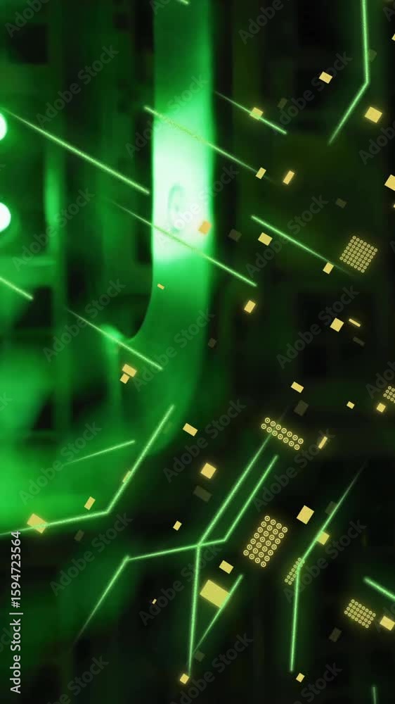 Poster animation of circuit board and data processing over computer servers