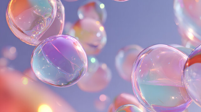 soft floating bubbles or foam shapes glowing in pastel neon colors with light reflections creating a dreamy airy atmosphere and delicate luminous texture - Powered by Adobe
