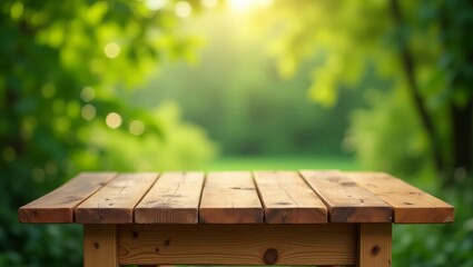 Fototapeta premium Wooden Picnic Table in Sunlight with Blurred Green Foliage Background