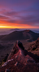 Naklejka premium Dramatic sunrise illuminates mountain ridge with volcanic craters and distant layers.