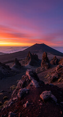 Naklejka premium Dramatic volcanic landscape featuring rock formations and Mount Teide under a colorful sunset sky.