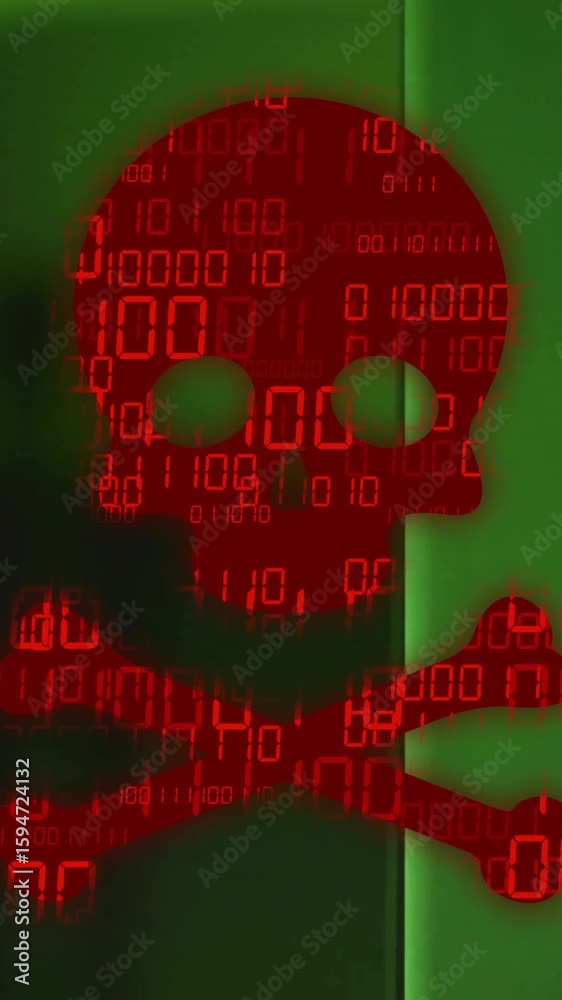 Poster animation of binary coding and data processing over skull and bones by computer servers