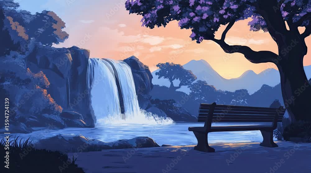 Wall mural a view of a bench with a view of a waterfall at dusk. 4k animated video