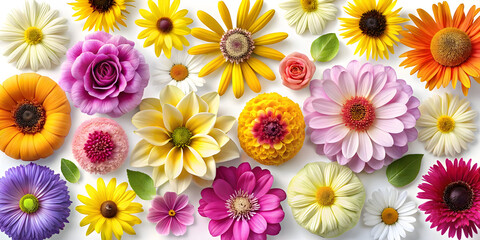 Assorted Colorful Flowers Arranged Artistically on White Background"