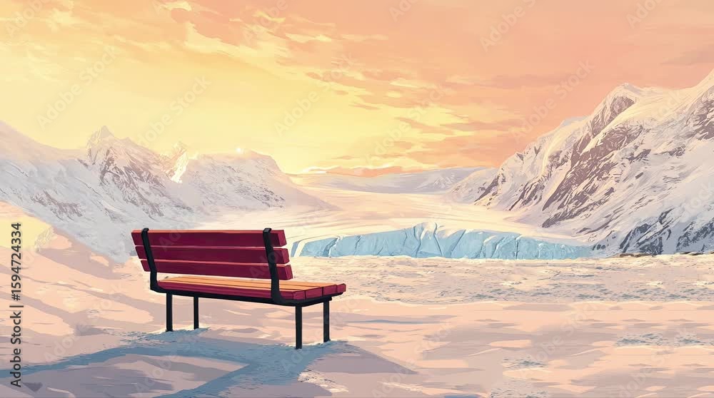 Wall mural a view of a bench with a view of a glacier in the afternoon. 4k animated video