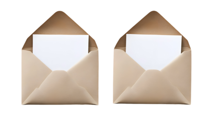 Two open envelopes with blank inserts on white background