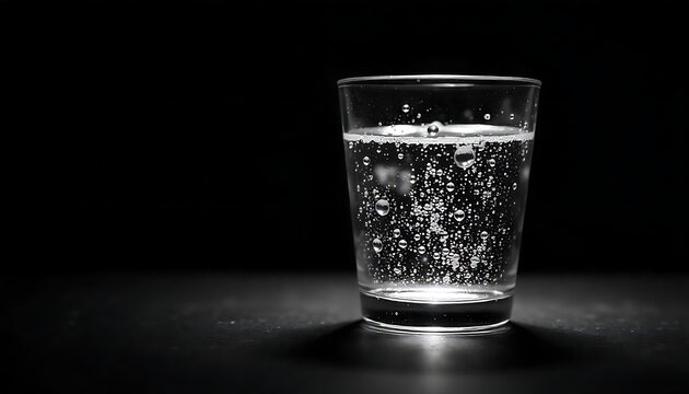 A clear glass of sparkling carbonated water with bubbles rising to the top, set against a dark background, in 4K and HD image.
