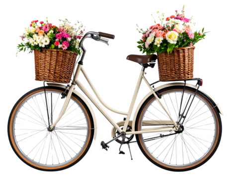  Vintage Bicycle with Flower Basket in Side View, Transparent PNG