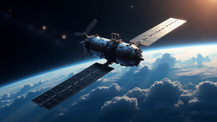 Sleek High-Tech Artificial Satellite Orbiting Earth Amid Twinkling Stars Discover concept